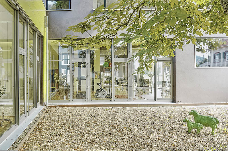 Innenhof mit Kastanienbaum, Neubau Praxisgebäude Wohngebäude