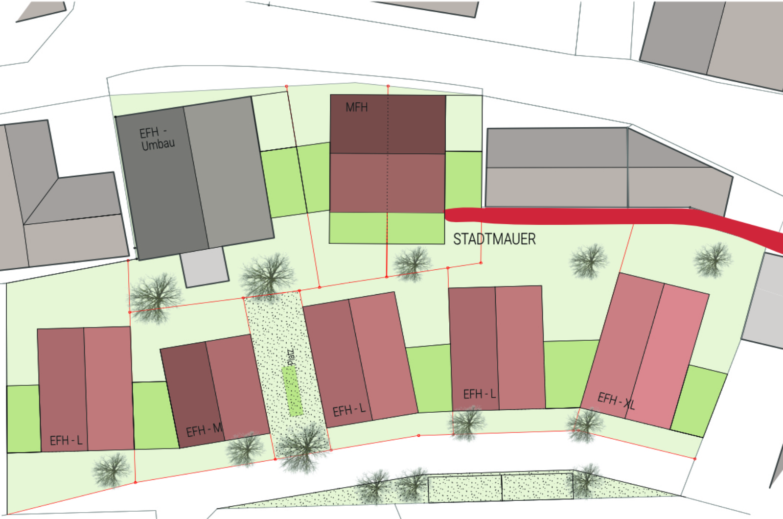 Mehrfamilienhaus mit Sichtbeton im unteren Bereich, darüber weiß verputzt und mit Satteldach und Garage