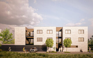 visualisierte Ansicht eines modernen Flachdach-Wohngebäudes mit leicht strukturierter Fassade, eingeschnittenen Balkonen und eingeschobenen Garagen im Erdgeschoß