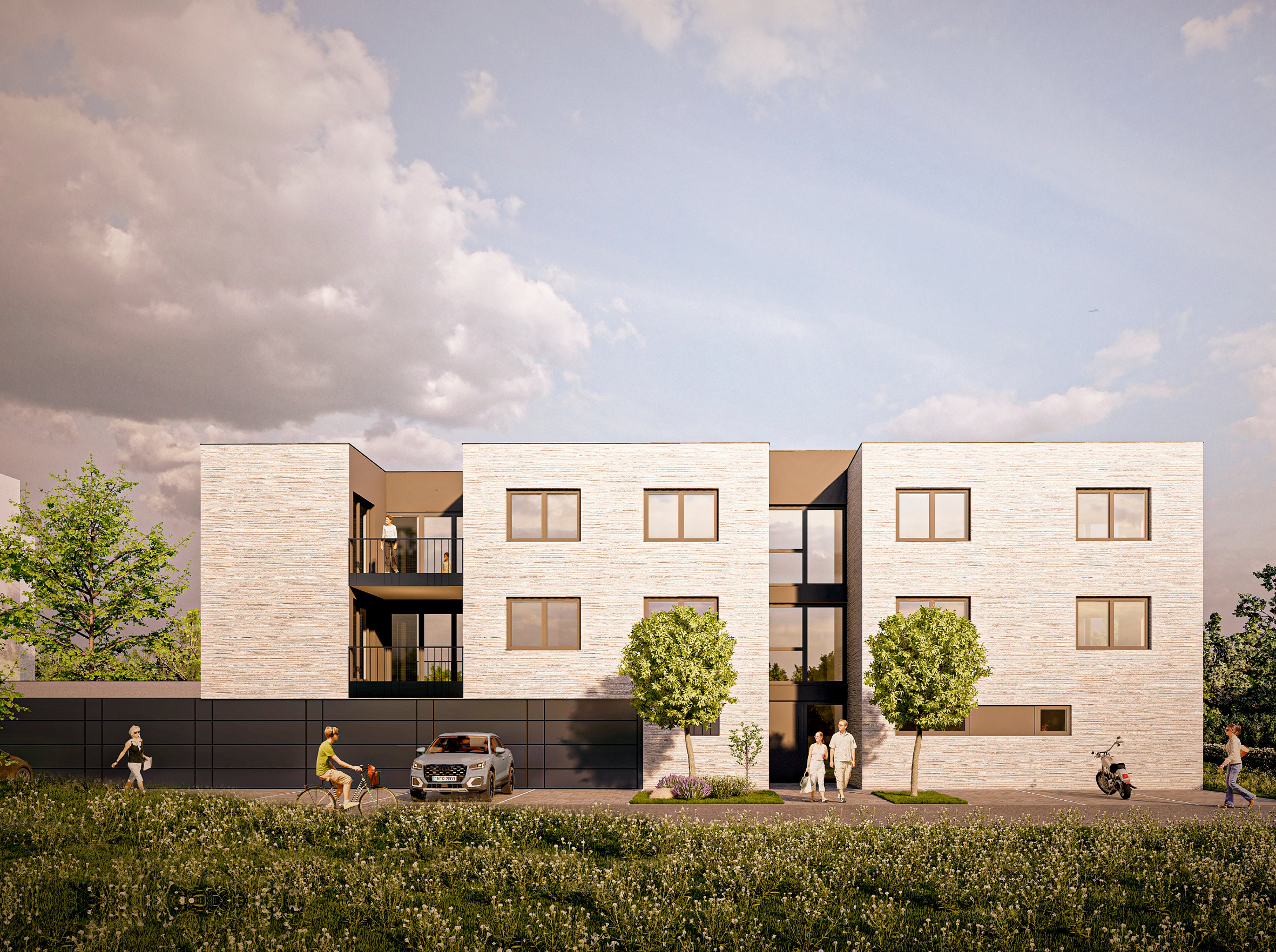 visualisierte Ansicht eines modernen Flachdach-Wohngebäudes mit leicht strukturierter Fassade, eingeschnittenen Balkonen und eingeschobenen Garagen im Erdgeschoß